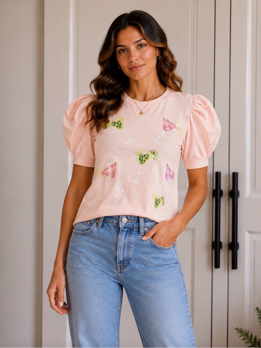 Pink peachy Puff-Sleeve Sequin Cocktail Tee